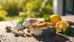 Disfruta sardianas en aceite de oliva brillantes y frescas junto a ingredientes mediterráneos.