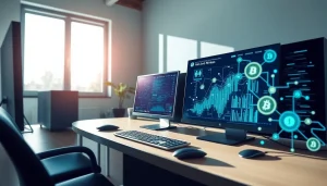 Cloud mining digital workspace showcasing modern tech and cryptocurrency graphics.