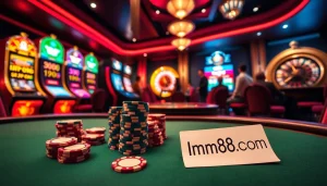 The mm88 com poker table features an exciting game with stacked chips and cards.