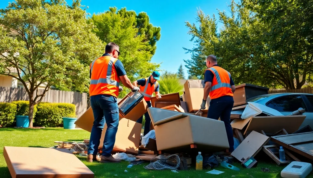 Efficient junk removal team showcasing Myeasyjunkremoval.com services in a cluttered backyard.
