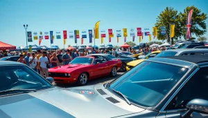 Attendees enjoying the Auto Cars Show, admiring diverse vehicles under bright sunlight.