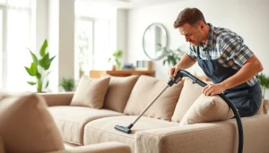Sofa cleaning Dubai showcasing a technician expertly cleaning a plush fabric sofa in a bright setting.