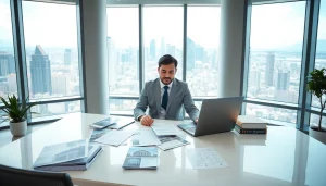 Analyze international real estate investment trends in a bright office with a city view.