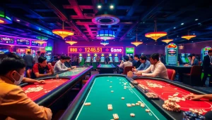 Daftar Domino88 game menarik dengan pemain asyik bermain domino dalam suasana kasino yang hidup.