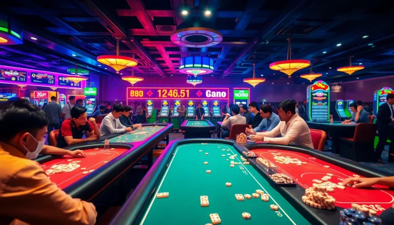 Daftar Domino88 game menarik dengan pemain asyik bermain domino dalam suasana kasino yang hidup.