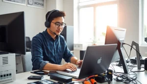 Provide effective computer support while examining a laptop in a bright office setting.