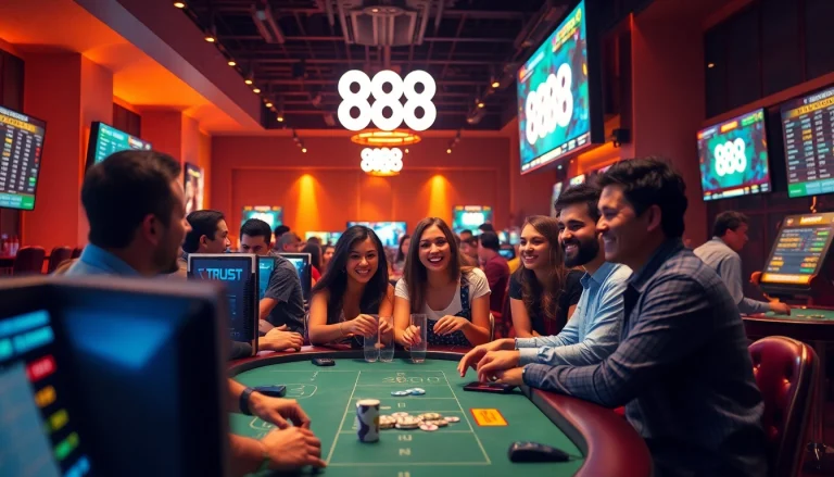 Experience the excitement of 888 new's online gambling with diverse players enjoying games in a vibrant setting.