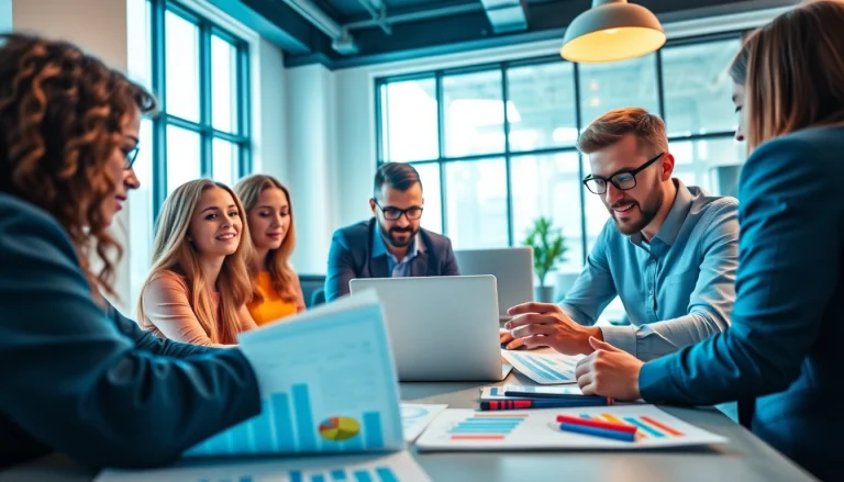 Engage with an SEO company team collaborating in a modern office setting.