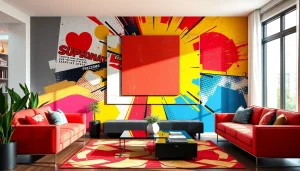 Admire this stunning pop art canvas showcasing vibrant geometric patterns and iconic pop culture imagery.