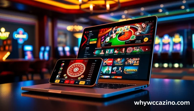 Engaging online casino interface showcasing games at https://whycazino.com, featuring vibrant graphics and sleek devices.