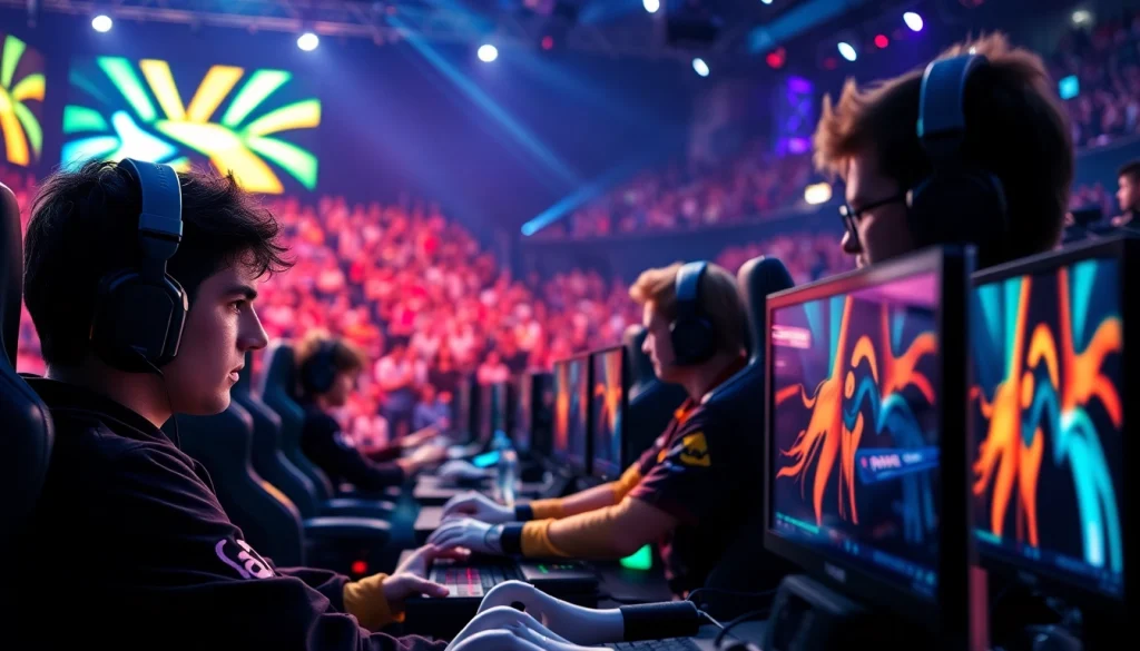 Engaging esports tournament featuring players focused on vj88 action under dynamic lighting.