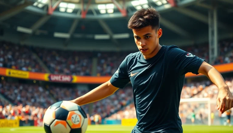 Action shot of a young soccer player dribbling a ball at the stadium, showcasing https://diknews.co.uk/wilfried-gnonto/.