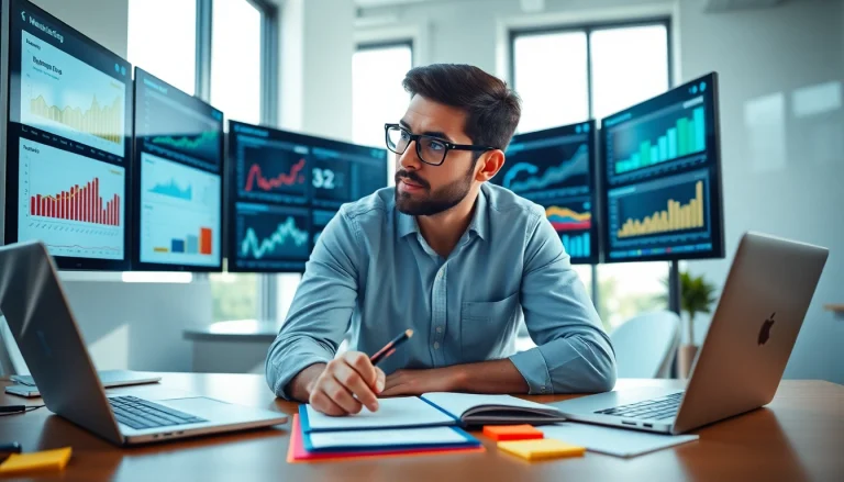 Analyze digital marketing data at https://fhpts.com in a modern office, showcasing a strategy session.