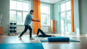 Health in Motion Rehabilitation showcasing a professional therapist guiding a patient through recovery exercises.