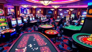 An exciting casino scene showcasing KJC AC 1 with players at gaming tables and slot machines.