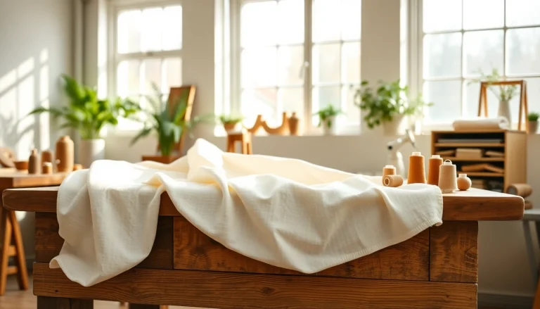 Voorkeursweergave van ongebleekt katoen met unieke textuur en sfeer in een creatieve naaiomgeving.