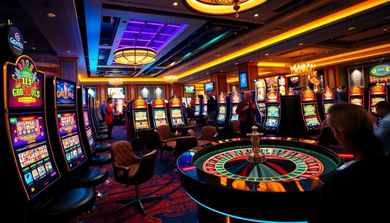 Jentoto menyajikan suasana kasino yang meriah dengan mesin slot berwarna-warni.