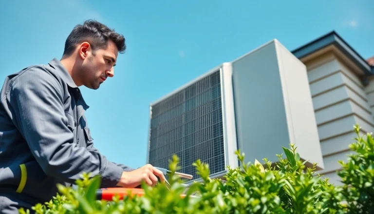 Technician servicing HVAC system at https://nobleheatingairservices.com with tools and residential background.