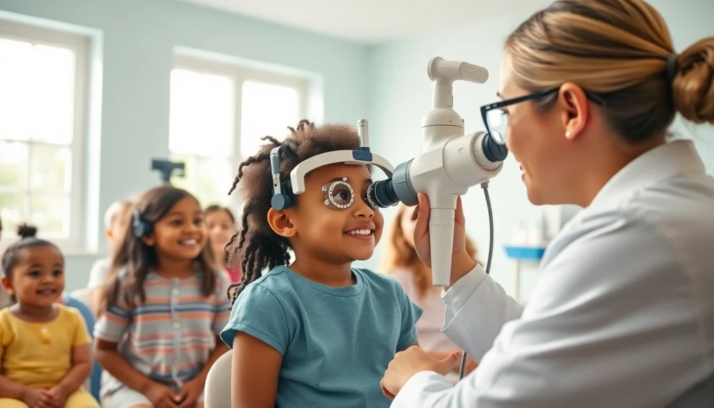 Engaging pediatric eye care scene showcasing the importance of Our Children's Vision with children undergoing eye examinations.