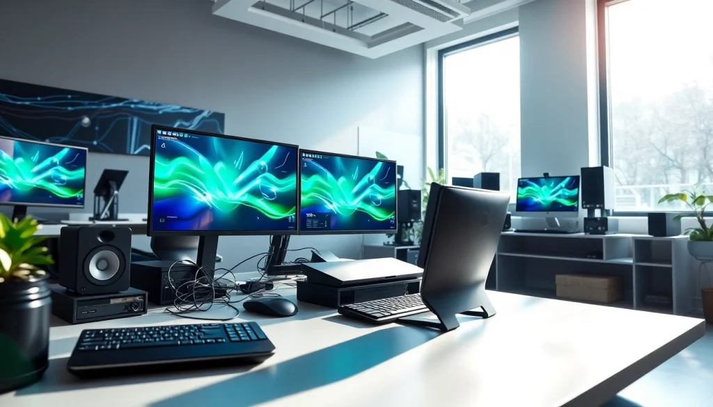 Technology workspace showcasing modern devices and vibrant digital displays in a bright setting.