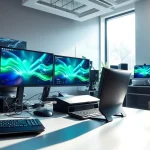 Technology workspace showcasing modern devices and vibrant digital displays in a bright setting.