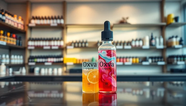 Oxva Liquid in a modern vape shop setting, highlighting vibrant liquid colors.