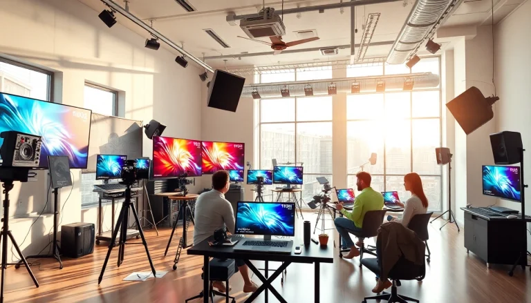 Kooralive team creatively collaborating in a vibrant digital media studio.