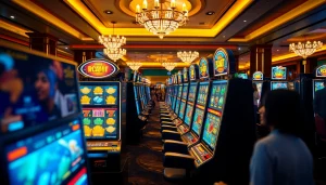 Menggambarkan slot machines hebat di jewel4d dengan iluminasi cerah, chip poker, dan suasana kasino.