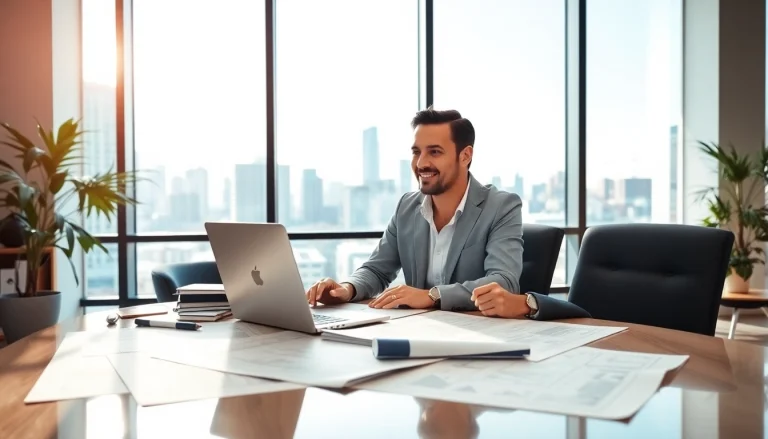 Real Estate agent assisting clients in a modern office, showcasing property options and vibrant city views.