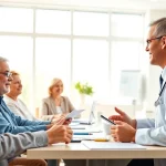 Engaging discussion about Health concepts among diverse group in a bright clinic.