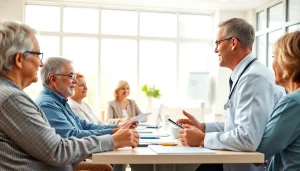 Engaging discussion about Health concepts among diverse group in a bright clinic.