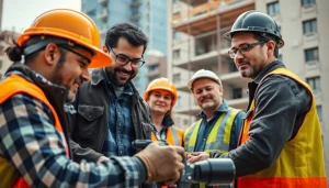 Locate building companies near me through a construction team collaborating at a building site