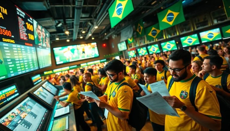 Engaged fans participating in sports betting in Brazil at a lively sports bar atmosphere.