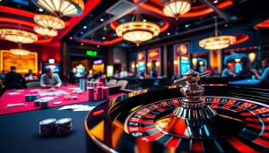 Kasinojitu menyajikan suasana kasino dengan chip dan pemain yang aktif terlibat dalam permainan.