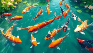 Permainan koi800 game yang menampilkan kolam koi berwarna-warni dengan ikan yang berenang.