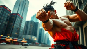 Martial Arts Thriller fighter executing a high kick in an intense urban setting.