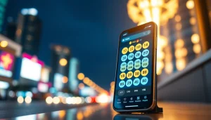Mengakses diantogel melalui smartphone dengan antarmuka modern dan latar belakang kota yang hidup.