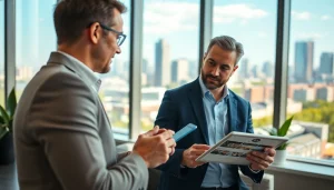 Immobilienmakler zeigt Angebote auf https://frankfurt-bester-immobilienmakler.de in modernem Büro.