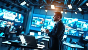 Highlighting the latest tech news coverage in a modern newsroom setting.