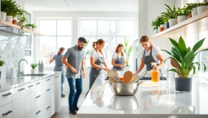 Engaging scene of kitchen deep cleaning Dubai showcasing a spotless kitchen with professional cleaners in action.