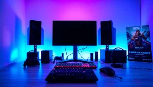 Menggambarkan daftar ggsoft game dengan peralatan gaming modern dan suasana yang energik.