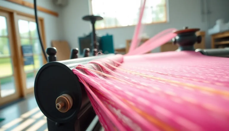 Wafel katoen in een kleurrijke textielwerkplaats met natuurlijk licht.