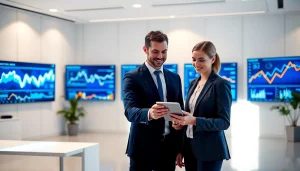 Современный офис профессионального уровня с цифровыми аналитическими дисплеями, подчёркивающими финансовые услуги 79king и доверие к ним в 2025 году