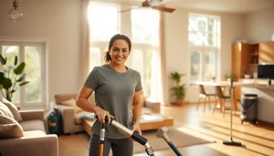 Cleaning Service expert demonstrating efficient cleaning techniques in a bright home environment.