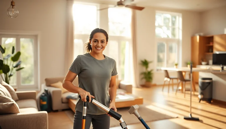 Cleaning Service expert demonstrating efficient cleaning techniques in a bright home environment.