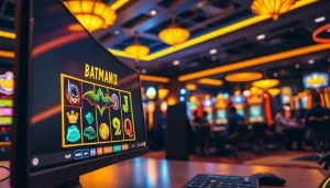 Permainan batman138 slot dengan antarmuka modern di lingkungan kasino yang meriah.