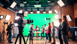Engaging video production scene showcasing a creative team collaborating in a bright studio.
