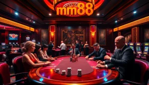 mm88 players engaged in a thrilling high-stakes poker game at a luxurious casino table.