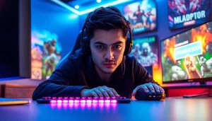 Masuk ke permainan mawar500 login game dengan gamer terfokus di depan layar besar.