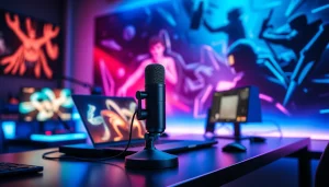 MV 88 microphone showcased in a modern gaming setup with vibrant lighting and digital art.